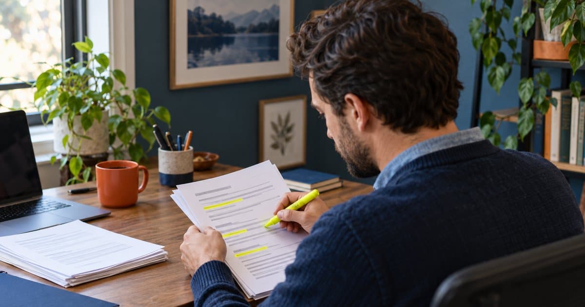 A grant writer at his desk marking the best matches on a printed list of funders with a highlighter