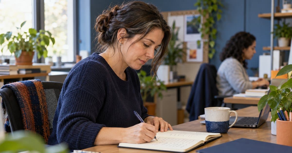 A program coordinator writing short entries in a notebook at a shared office desk while a colleague works behind her
