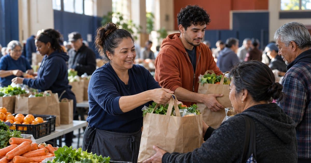 Two nonprofit staff handing out bags of fresh produce to neighbors at a busy community food distribution