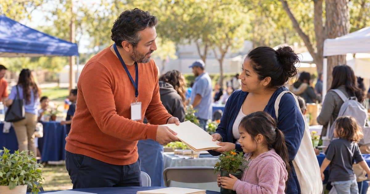 A nonprofit program director at an outdoor resource fair handing a folder to a mother while her daughter holds a potted plant