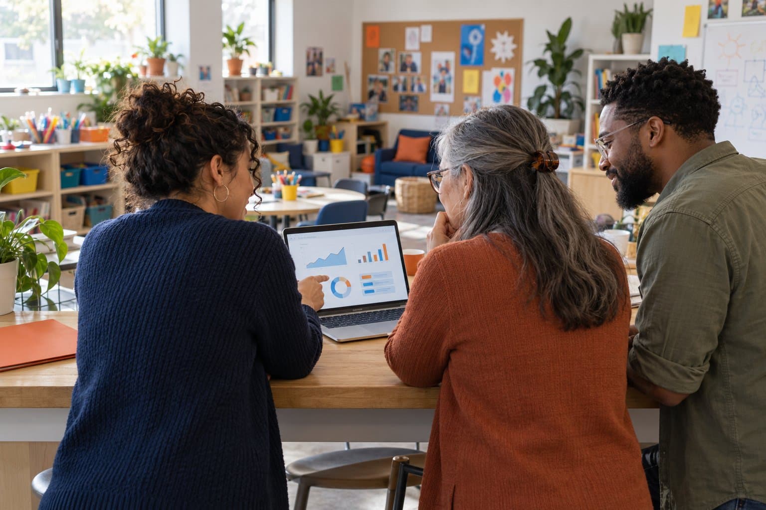 Three nonprofit staff at a counter in a family program room, reviewing a dashboard on a laptop together